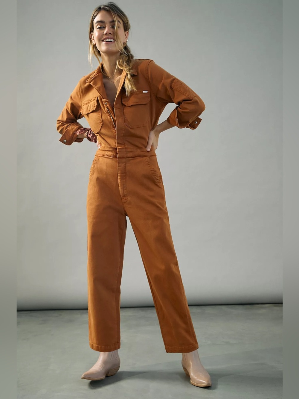 MOTHER The Fixer Utility Denim Jumpsuit Size M Rust Brown $350